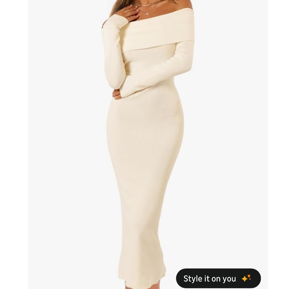 Merokeety Off the Shoulder Long Sleeve Cream Midi Dress - Picture 2 of 10